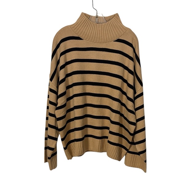 WeWoreWhat Tan Black Striped Turtleneck Sweater M Oversized Soft Cozy Preppy - Picture 1 of 5